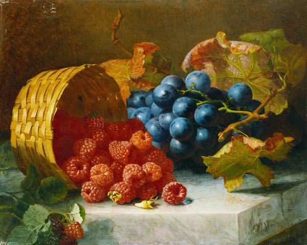 Still life with raspberries and grapes on a marble slab, vintage artwork by Eloise Harriet Stannard, 12x8" (A4) Poster