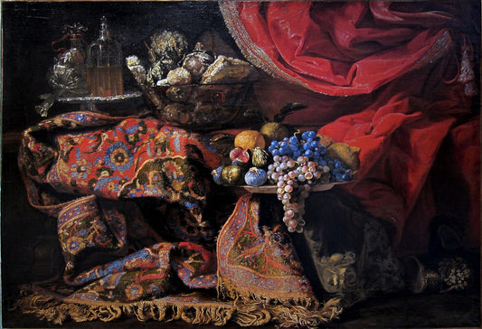 Nature morte au tapis d'orient et à la tenture, vintage artwork by Francesco Fieravino, 12x8" (A4) Poster
