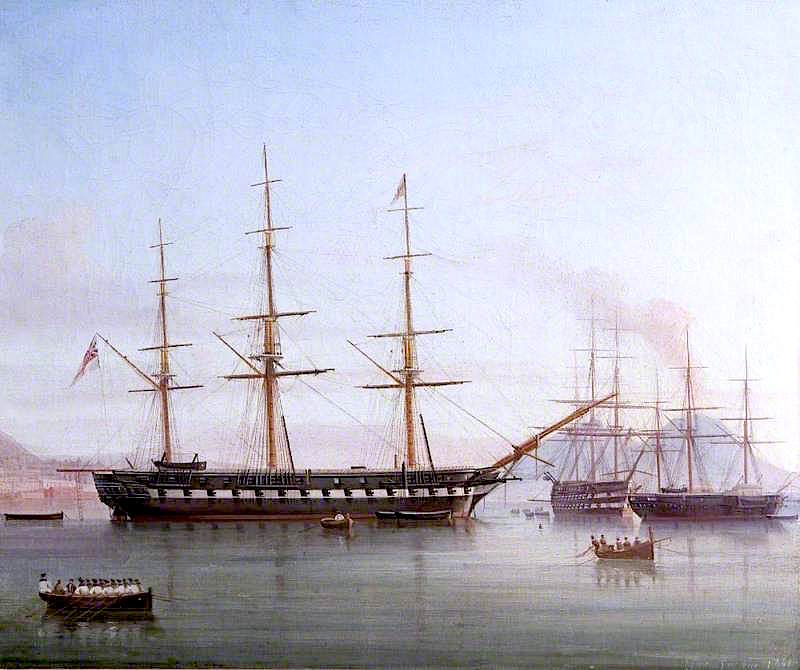 British Man-of-War 'Hong Kong' in the Bay of Naples, Italy, vintage artwork by Tommaso De Simone, A3 (16x12") Poster Print
