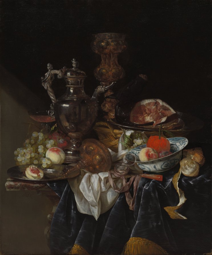 Silver Wine Jug, Ham and Fruit, vintage artwork by Abraham van Beyeren, 12x8" (A4) Poster