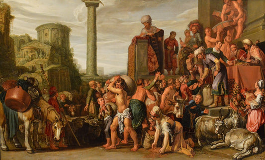 Joseph Selling Corn in Egypt, vintage artwork by Pieter Lastman, 12x8" (A4) Poster