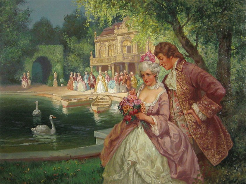 Baroque Genre Scene - Society in the Park, vintage artwork by Rudolf Alfred Höger, 12x8" (A4) Poster