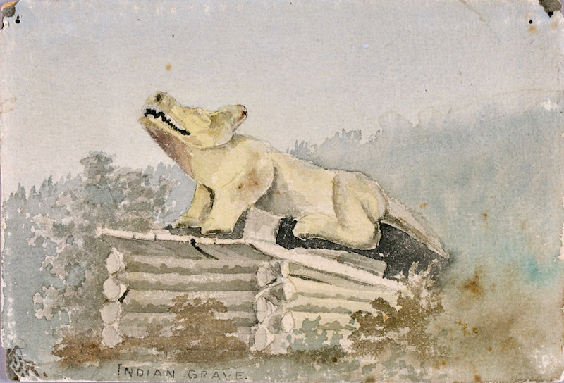 Indian Grave. Wolf Totem over Medicine Man Grave, Wrangell, vintage artwork by Theodore J. Richardson, 12x8" (A4) Poster