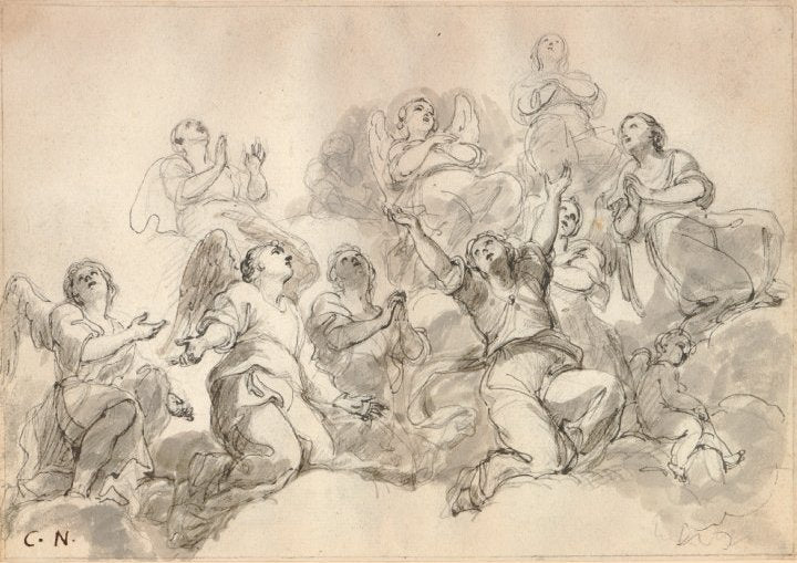 Group of Angels, after The Triumph of the Cross by  Lanfranco, vintage artwork by Charles-Joseph Natoire, 12x8" (A4) Poster