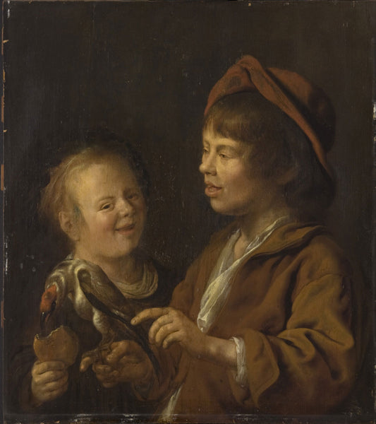 Two Children Feeding a Bird, vintage artwork by Jan Miense Molenaer, 12x8" (A4) Poster