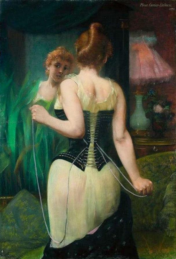 Young woman adjusting her corset before mirror, vintage artwork by Pierre Carrier-Belleuse, 12x8" (A4) Poster