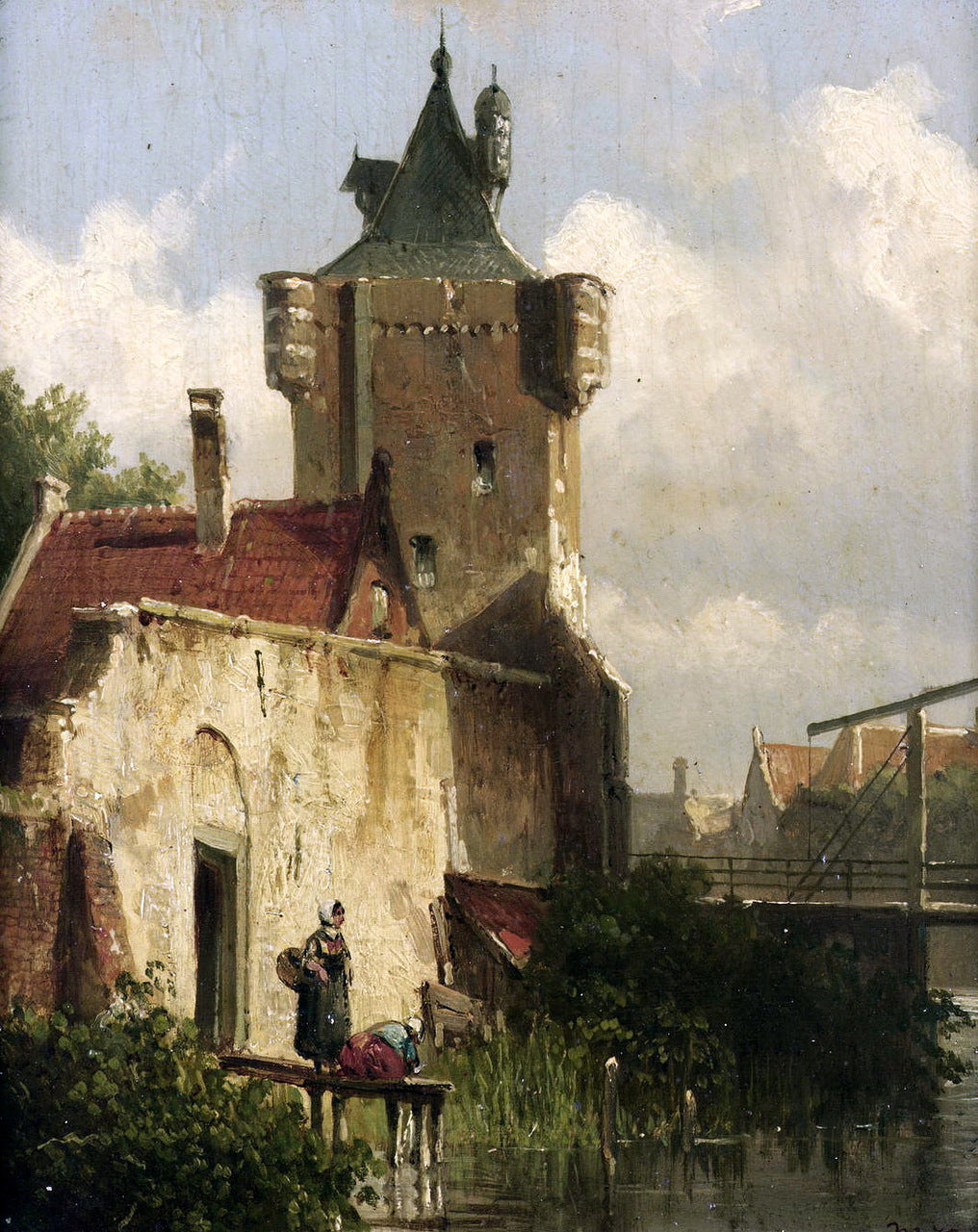 Figures by  the side of a canal, vintage artwork by Willem Koekkoek, 12x8" (A4) Poster