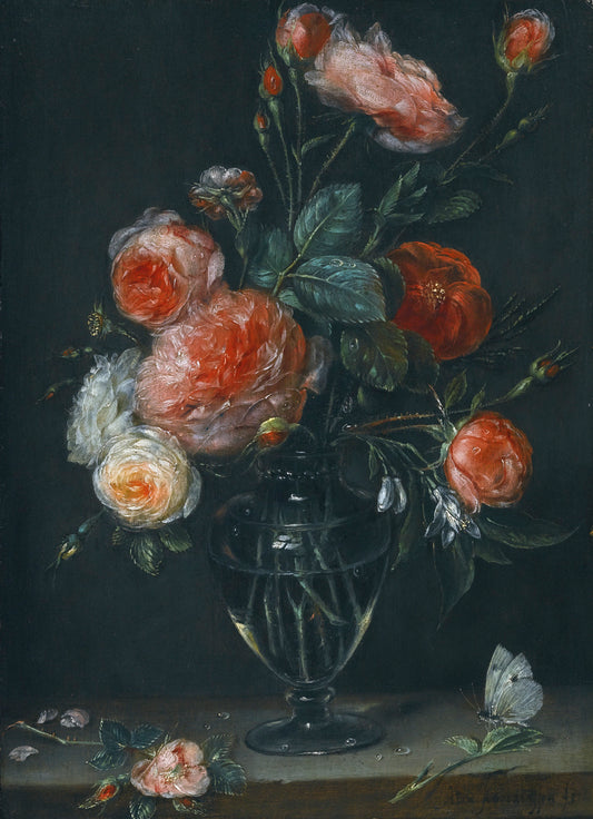 A Still Life of Roses in a Glass, vintage artwork by Alexander Adriaenssen, 12x8" (A4) Poster