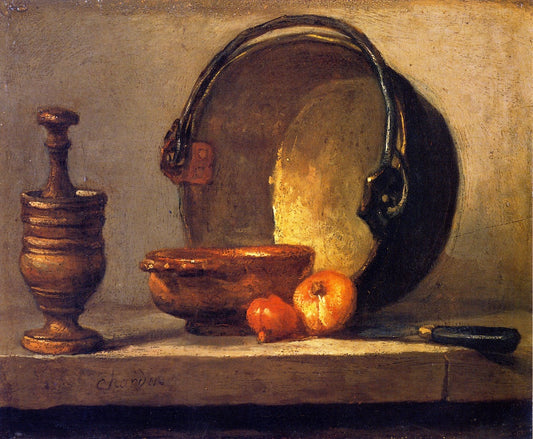 Still Life in a Copper Cauldron (Nature morte au chaudron de cuivre), vintage artwork by Jean-Baptiste-Simeon Chardin, 12x8" (A4) Poster