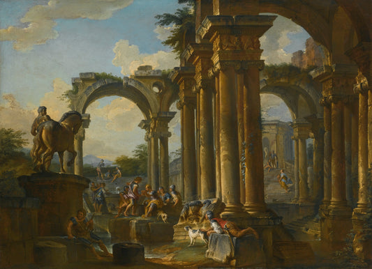 Architectural Capriccio with Figures, vintage artwork by Giovanni Paolo Panini, 12x8" (A4) Poster