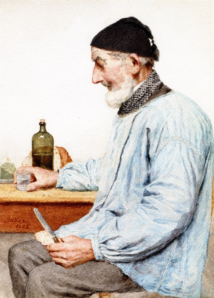 Grandfather with His Morning Snack, vintage artwork by Albert Anker, 12x8" (A4) Poster