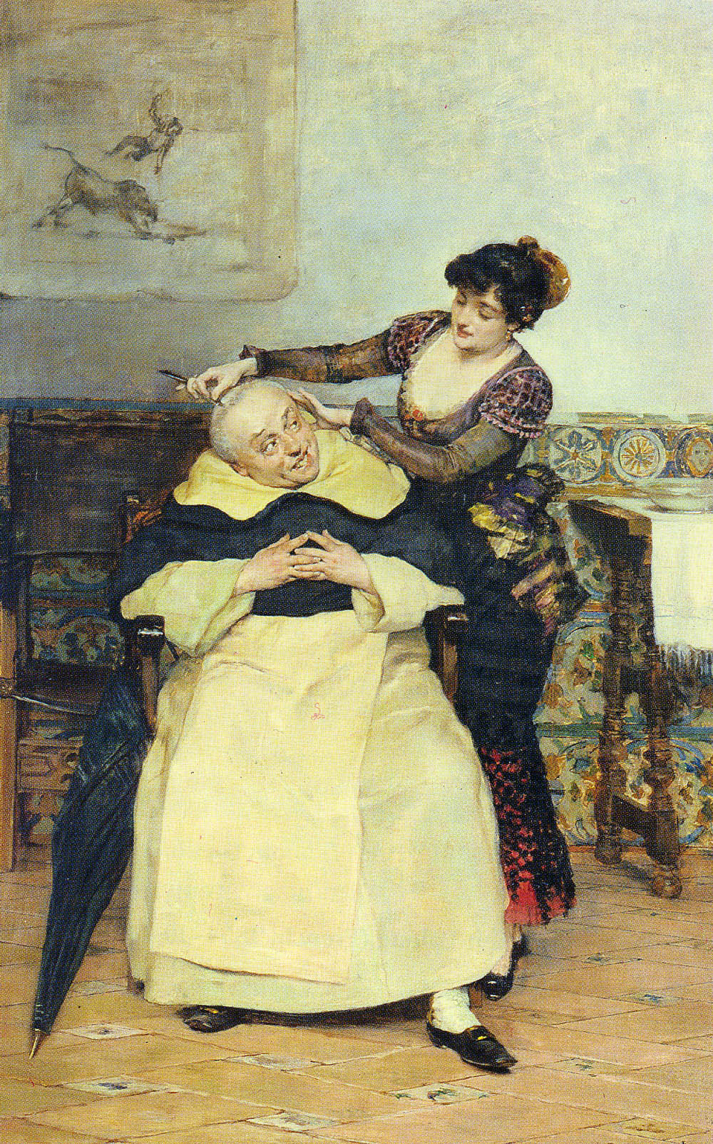 The Haircut, vintage artwork by Vicente Palmaroli y Gonzalez, 12x8" (A4) Poster