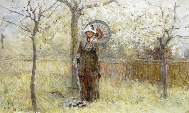Lady among Cherry Trees, vintage artwork by Hubert von Herkomer, 12x8" (A4) Poster