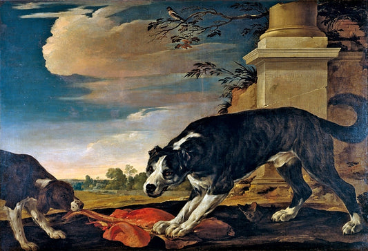 Two Dogs in a Landscape, vintage artwork by Laurent de La Hyre, 12x8" (A4) Poster
