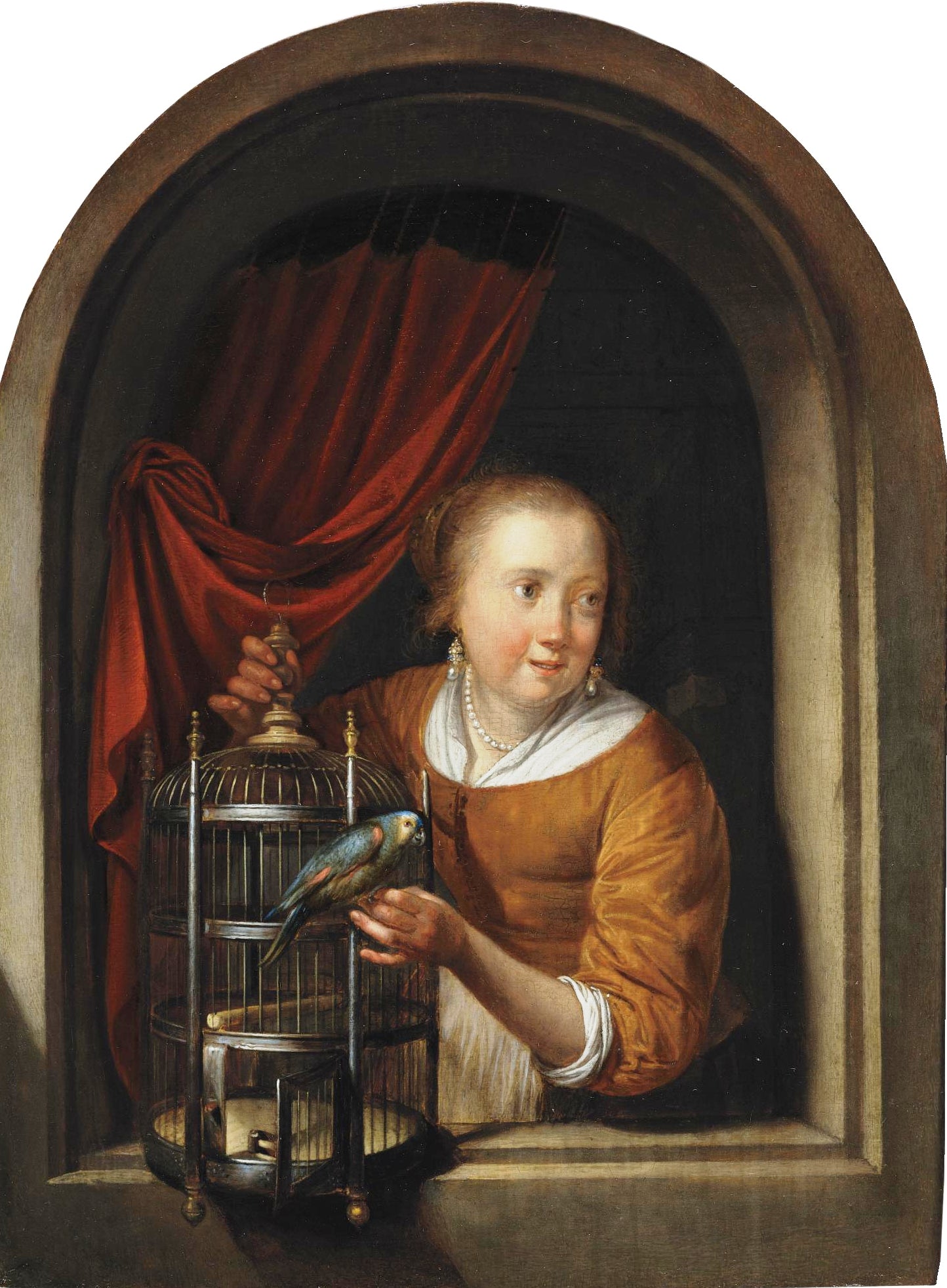 Young Girl With a Perroquet in a Niche, vintage artwork by After Gerrit Dou, 12x8" (A4) Poster