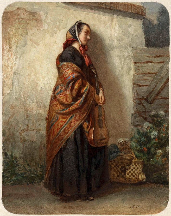 Staande vrouw met gitaar, vintage artwork by Leon Maurits, 12x8" (A4) Poster