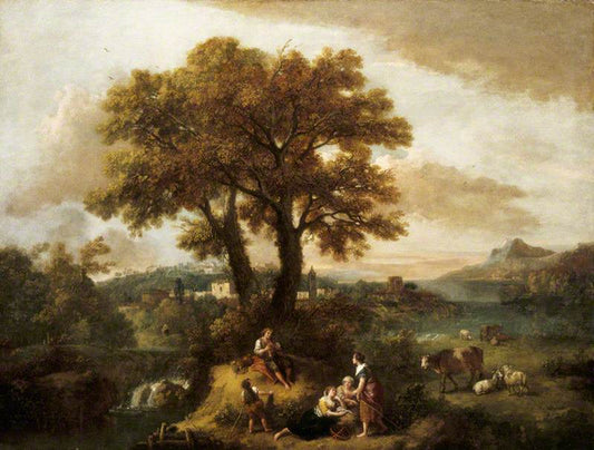 Italian Landscape with a Boy Piping, vintage artwork by Francesco Zuccarelli, 12x8" (A4) Poster