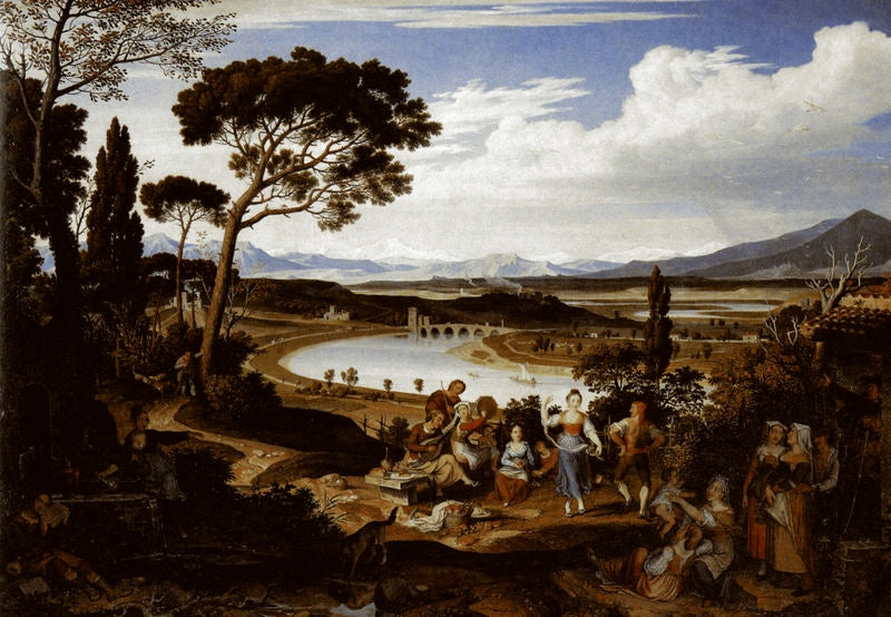 Tiberlandschaft mit fröhlichen Landleuten (The Tiber near Rome with Merry Peasants), vintage artwork by Joseph Anton Koch, 12x8" (A4) Poster