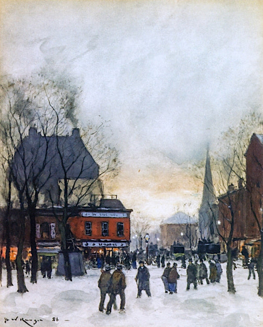 Gansevoort Square, New York, Winter Sunset, vintage artwork by Henry Ward Ranger, 12x8" (A4) Poster