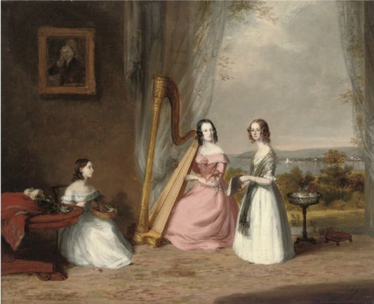 Portrait of three sisters with a harp, in an interior, vintage artwork by British School 19th Century - Unknown, A3 (16x12") Poster Print