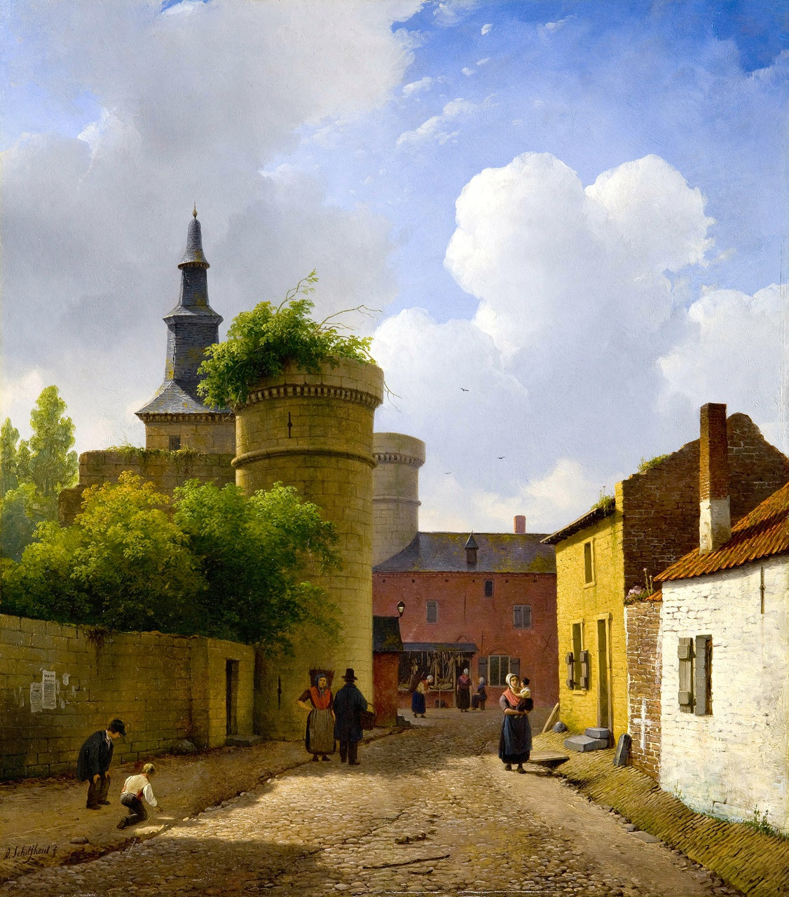 Street in Huy, Belgium, vintage artwork by Andreas Schelfhout, 12x8" (A4) Poster