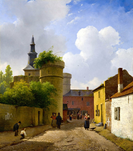 Street in Huy, Belgium, vintage artwork by Andreas Schelfhout, 12x8" (A4) Poster