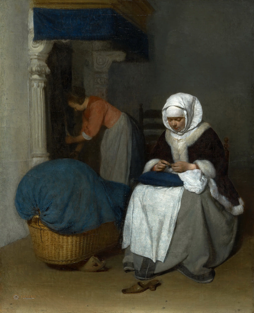Woman Sewing beside a Cradle, vintage artwork by Gerard ter Borch, 12x8" (A4) Poster