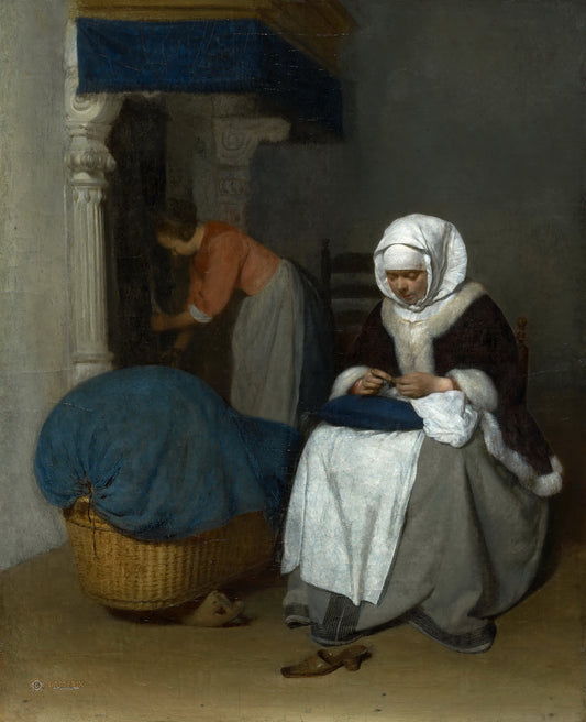 Woman Sewing beside a Cradle, vintage artwork by Gerard ter Borch, 12x8" (A4) Poster