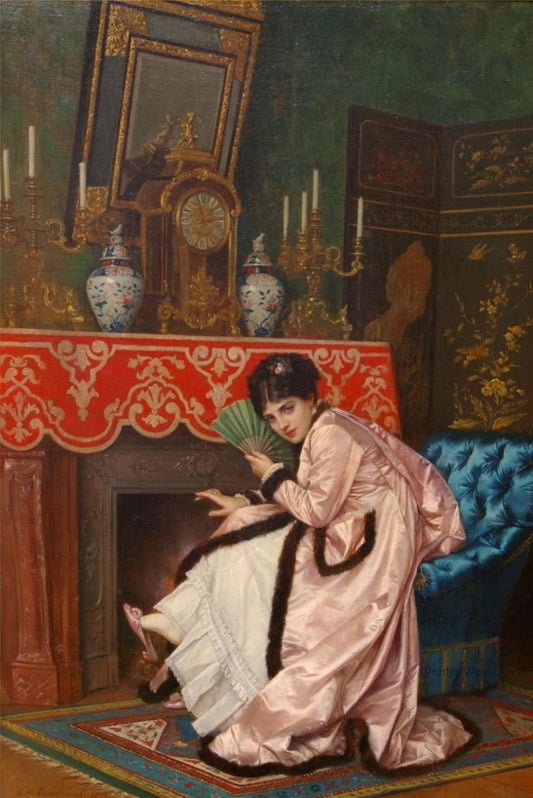 Woman Sitting in Front of a Fireplace, vintage artwork by Auguste Toulmouche, 12x8" (A4) Poster