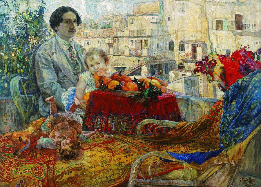 Self-Portrait with Daughter, vintage artwork by Isaak Brodsky, 12x8" (A4) Poster