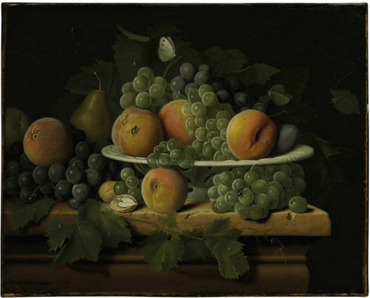 Peaches, grapes and a pear in a ceramic dish on a stone ledge with a pear, walnuts and butterflie, vintage artwork by Peter Jacob Horemans, 12x8" (A4) Poster