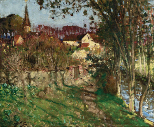 Evening at Saint-Germain-sur-Avre, vintage artwork by Pierre-Eugène Montezin, 12x8" (A4) Poster