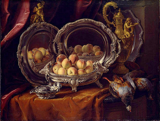 Silver Tureen with Peaches, vintage artwork by François Desportes, 12x8" (A4) Poster