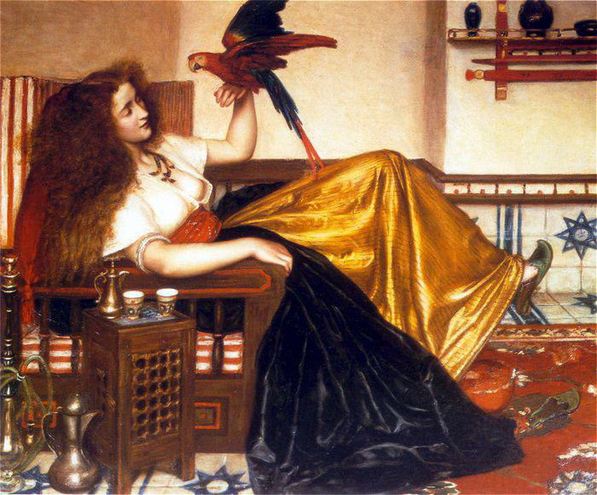 Reclining Woman with a Parrot, vintage artwork by Valentine Cameron Prinsep, 12x8" (A4) Poster