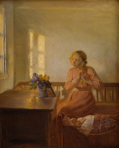 A Young Girl Plaiting her Hair, vintage artwork by Anna Ancher, 12x8" (A4) Poster