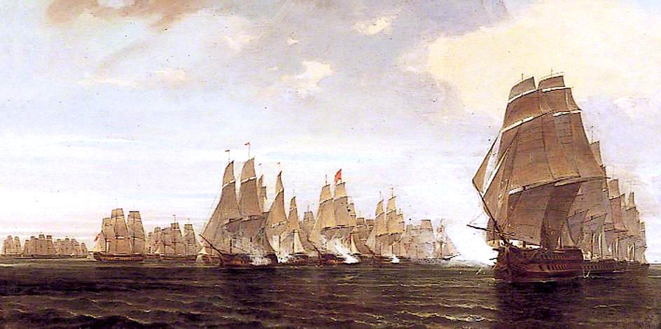 Sea Battle between a French Squadron and Ships of the East India Company, vintage artwork by William Daniell, 12x8" (A4) Poster