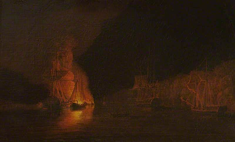 American Fire Ships on the Hudson, 16 August 1776, vintage artwork by Dominic Serres, 12x8" (A4) Poster