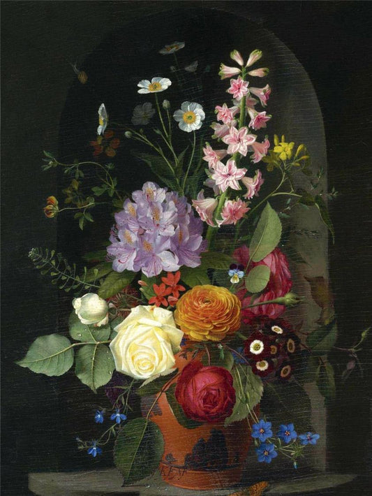 Otto Didrik Ottesen A Bouquet In A Wedgwood Rosso Antico Vase, Set In A Niche, vintage artwork by Otto Didrik Ottesen, A3 (16x12") Poster Print