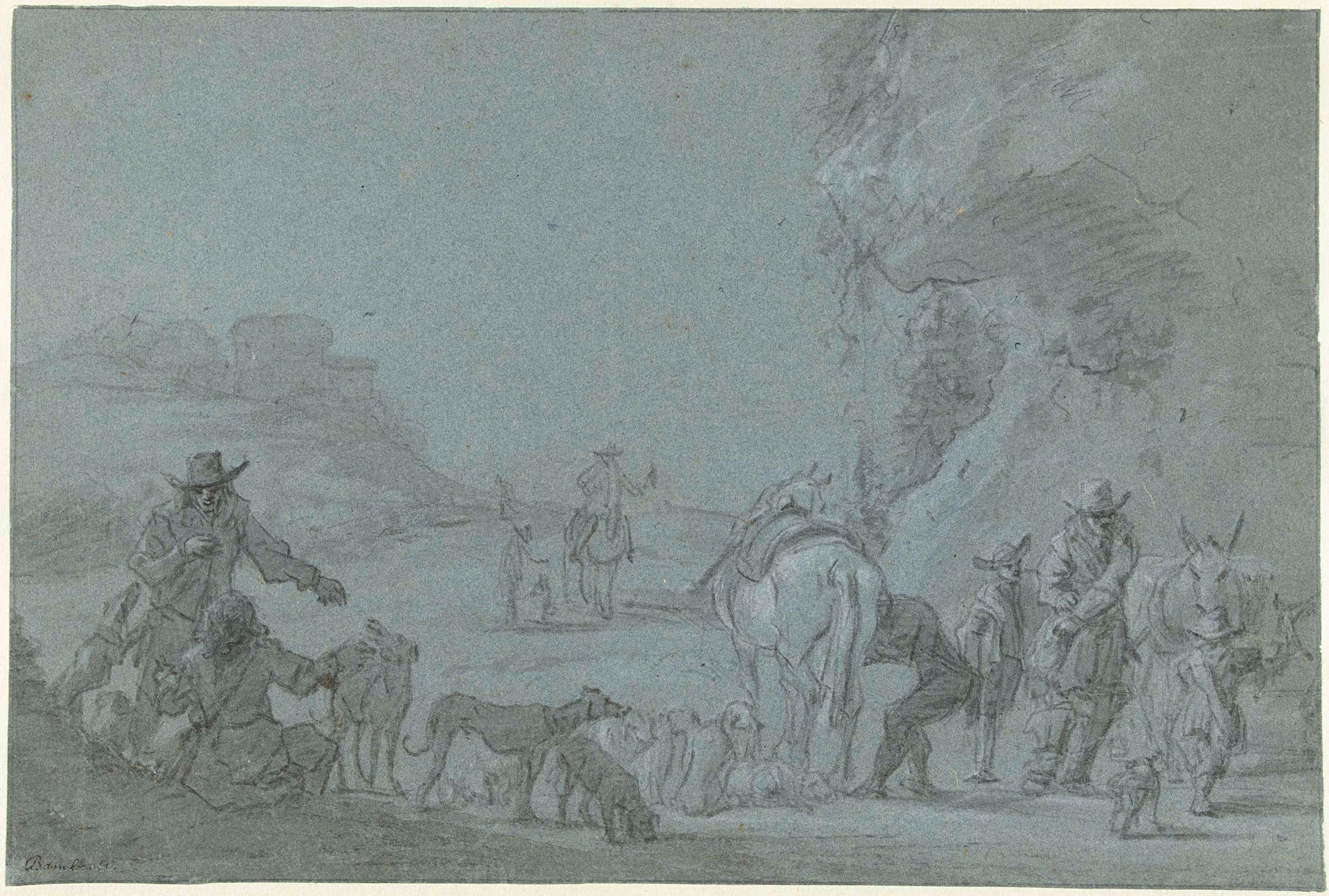 Hunting Company out of Rome, vintage artwork by Jan Asselijn, 12x8" (A4) Poster