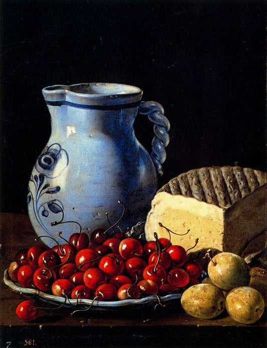Still life with Cherries, Plums, Cheese and Jug, vintage artwork by Luis Melendez, 12x8" (A4) Poster
