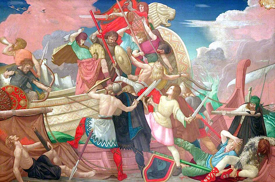 King Alfred's Longships Defeat the Danes, 877, vintage artwork by Colin Unwin Gill, 12x8" (A4) Poster