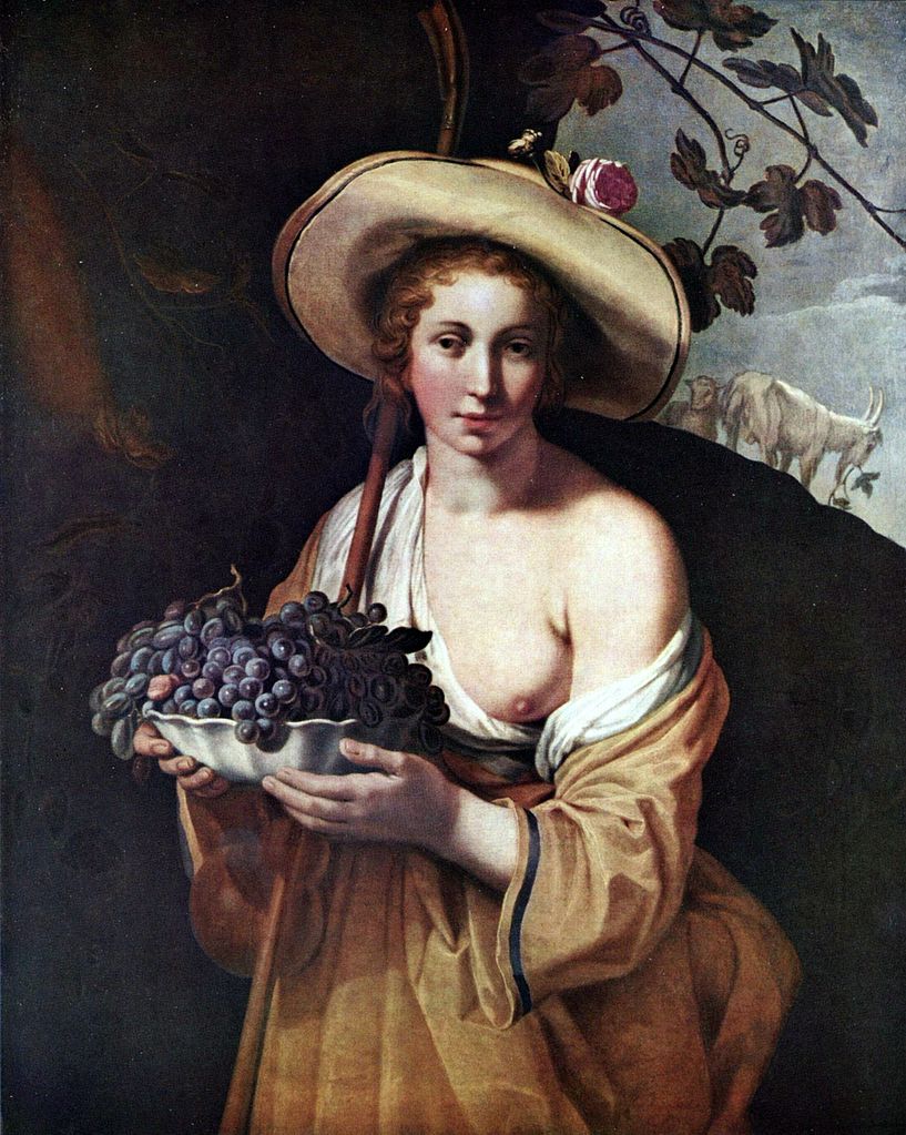 Shepherdess with Grapes, vintage artwork by Abraham Bloemaert, 12x8" (A4) Poster