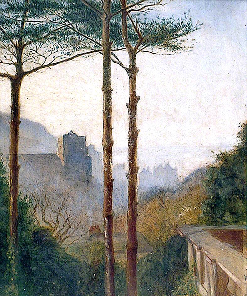 Landscape with a Church and Houses, Pines in Foreground, vintage artwork by Joseph Clover, 12x8" (A4) Poster