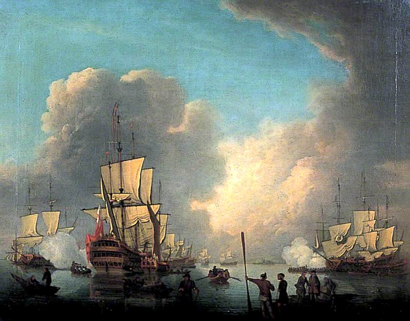 Embarkation of Troops, Ships at Anchor Firing the Evening Salute, vintage artwork by Peter Monamy, 12x8" (A4) Poster