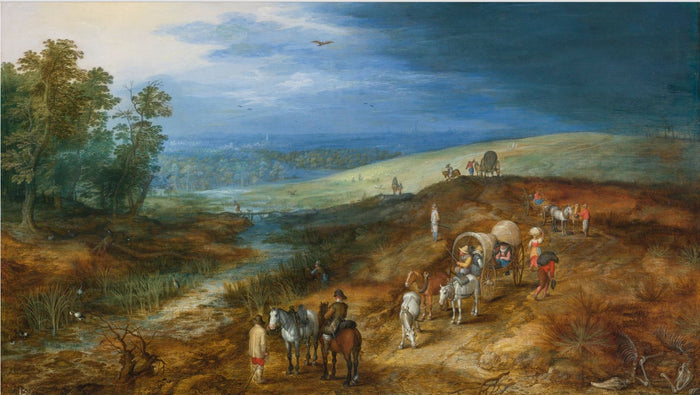 Landscape With Travelers And Bittern Hunter, vintage artwork by Jan Brueghel the Younger, 12x8