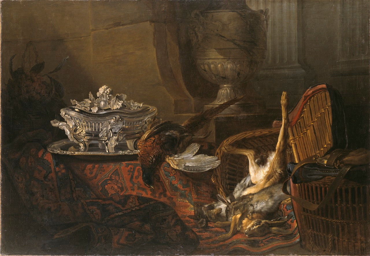 Still Life with Dead Game and a Silver Tureen on a Turkish Carpet, vintage artwork by Jean-Baptiste Oudry, 12x8" (A4) Poster