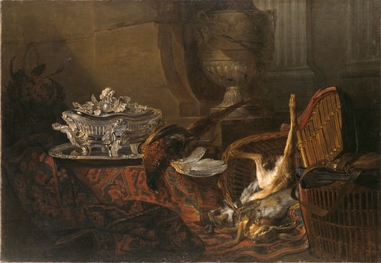 Still Life with Dead Game and a Silver Tureen on a Turkish Carpet, vintage artwork by Jean-Baptiste Oudry, 12x8" (A4) Poster