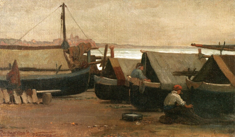 Men at Boat Dock, vintage artwork by Elihu Vedder, 12x8" (A4) Poster