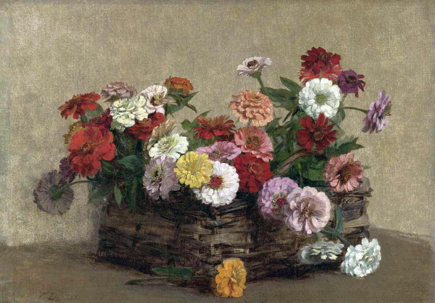Panier and Zinnias, vintage artwork by Victoria Fantin-Latour, 12x8" (A4) Poster