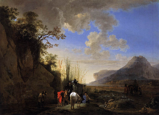 Coastal Scene with Riders Resting, vintage artwork by Jan Asselijn, 12x8" (A4) Poster